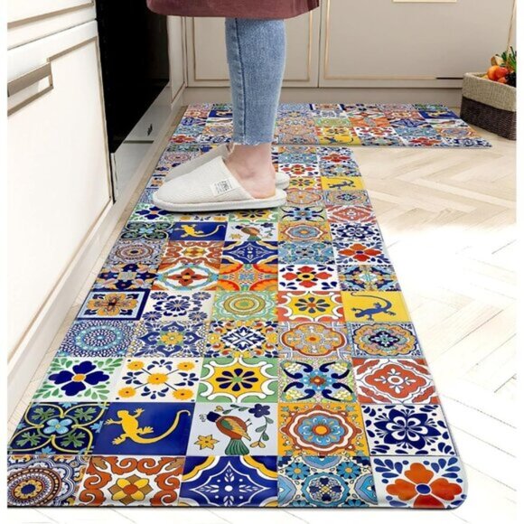 New 2Pcs Kitchen Rug Set, Non-Skid Anti-Fatigue Colorful Tile Floor Mats